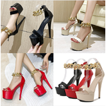 รองเท้าส้นสูงสายรัดข้อโซ่ทอง ไซส์ 34-43 มี 2 รุ่นความสูง 6 และ 6.8 นิ้ว