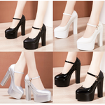 รองเท้าส้นสูงคัทชูส้นหนา 6 นิ้ว ไซต์ 34-43 สีดำเงา/ดำด้าน/เงิน/ขาว