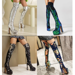 รองเท้าบูทยาวถึงต้นขางานปักเลื่อมมีเชือกผูก ไซส์ 34-43 สีดำ/เงิน/ทอง/เขียว