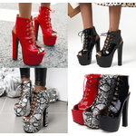 รองเท้าส้นส้นทรงบูทเปิดส้นสีดำ/แดง/ลายงู ไซต์ 35-46