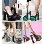 รองเท้าส้นสูงส้นใหญ่งานรัดส้นเท้าปักเลื่อม ไซส์ 34-43 สีเขียว/ขาว/ดำ/เงิน/ทอง