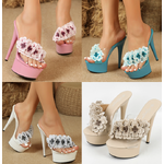 รองเท้าส้นสูงแบบสวมแต่งดอกไม้ ไซส์ 34-43 สีแอพพริคอท/ชมพู/ขาว/ฟ้า