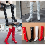 รองเท้าบูทยาวเลยเข่าหนังแก้วสีดำ/แดง/ขาว ไซต์ 34-46
