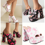 รองเท้าส้นสูงแบบสวมส้นหนาสีชมพูอ่อน/ชมพูเข้ม/ขาว ไซส์ 34-43