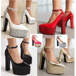 รองเท้าคัทชูปลายแหลมส้นหนา ไซส์ 34-43 สีดำ/แดง/ขาว/เงิน/ทอง/ชมพู