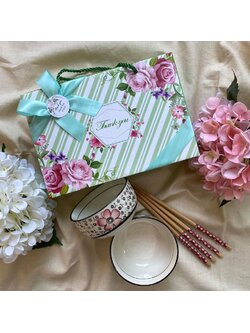 ของรับไหว้ ชุดชาม+ตะเกียบแพ็คกล่องสีเขียว