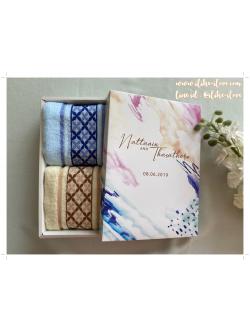 ผ้าขนหนูเนื้อ cotton ลายกากบาทเล็ก ขนาดเช็ดผม 15x30 นิ้ว แพ็คคู่กล่องพิมพ์ชื่อ