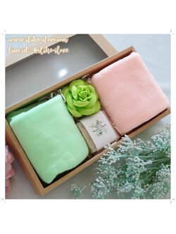 ผ้าขนหนูนาโนสีหวาน ขนาดเช็ดผม 30x70 ซ.ม. แพ็คคู่พร้อมสบู่น้ำนมข้าว