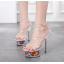 รองเท้าส้นสูงส้นแก้วใสพื้นหน้าแต่งผ้า/ดอกไม้/ใส ไซต์ 34-38