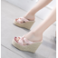 รองเท้าส้นเตารีดงานผ้าซาตินสายไขวืสีดำ/ชมพู ไซต์ 34-39
