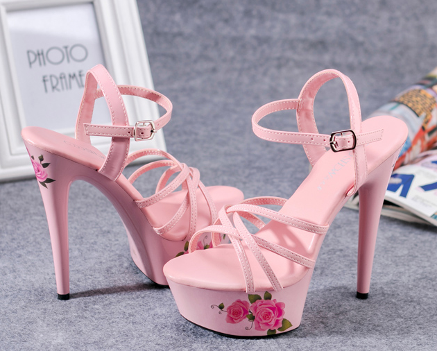รองเท้าส้นสูงส้นพิมพ?ลายดอกกุหลาบสีขาว/ชมพู ไซต์ 34-41