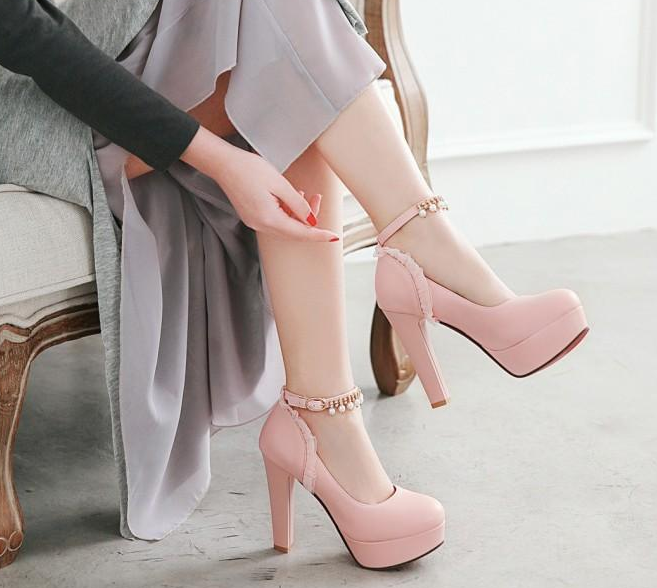 รองเท้าส้นสูงคัดชูมีสายรัดข้อ ไซต์ 34-43 สีดำ/ขาว/ชมพู/ครีม