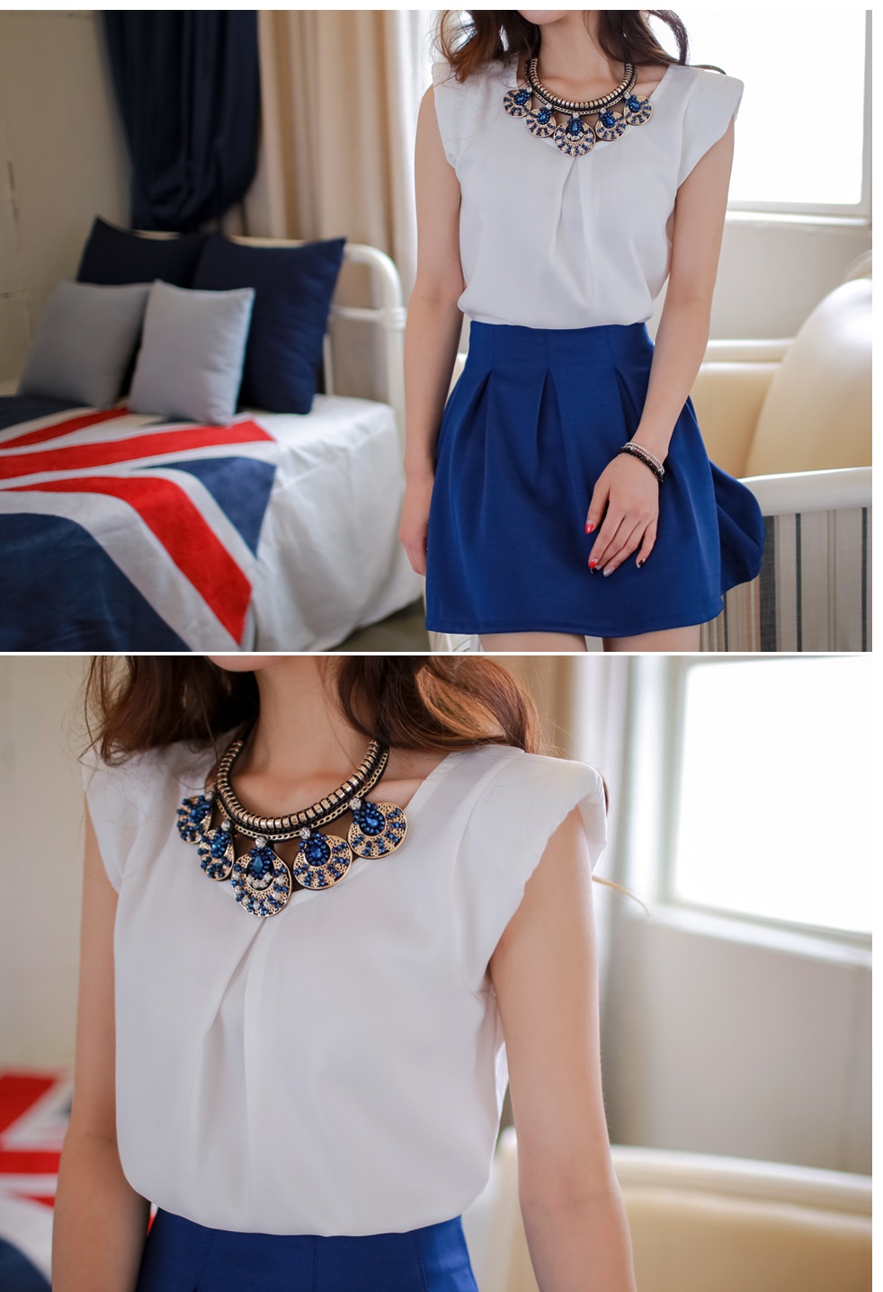 ***หมดค่ะ***ชุดเสื้อสีขาวคอกลมมาพร้อมกระโปรงจับจีบสีน้ำเงินสดใส ประดับด้วยสร้อยลายเก๋ สวยมากๆค่ะ