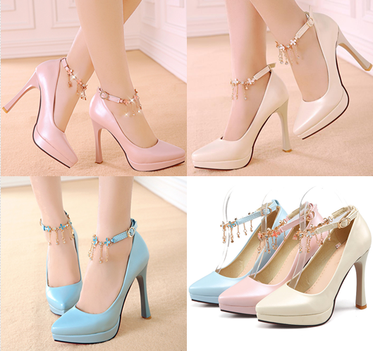 รองเท้าส้นสูงคัทชูปลายแหลมสีฟ้า/ชมพู/ครีม ไซต์ 34-43