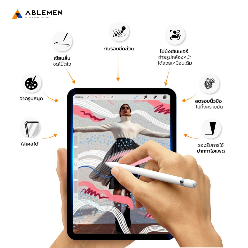 ไอแพด ABLEMEN กระจก ใส ประกัน 1 ปี กระจกนิรภัย สำหรับ iPad Air 6 Pro 13 2024 Pro 11 12.9 Air 5 4 10.2 Mini 7 6 ใบกำกับภาษี
