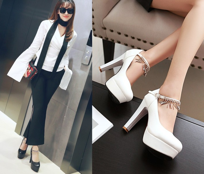 รองเท้าคัทชูส้นหนาแต่งสายรัดข้อสวยหรู ไซต์ 34-43 สีดำ/ขาว/ชมพู/ฟ้า