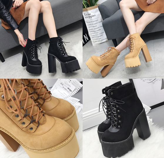 รองเท้าบูทส้นสูง 6 นิ้วหนังกลับสีน้ำตาล/ดำ ไซต์ 34-39