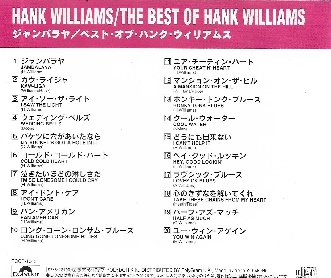 Used CD,Hank Williams - The Best Of Hank Williams (A+)(1999)(Japan)