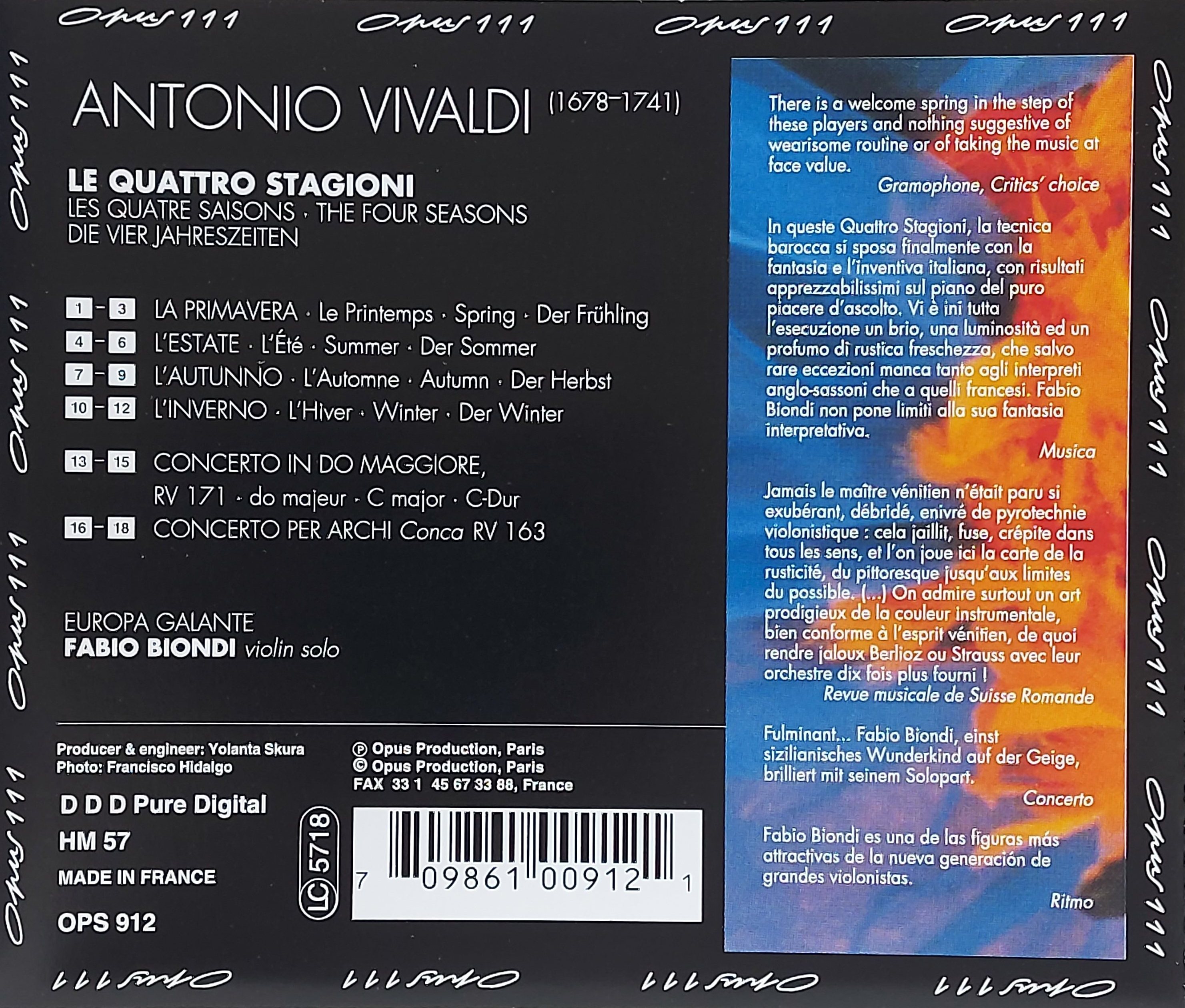 Used CD,Vivaldi - Le Quattro Stagioni by Europa Galante Fabio Biondi (A+)(Classical)(instrumental)(1991)(France)