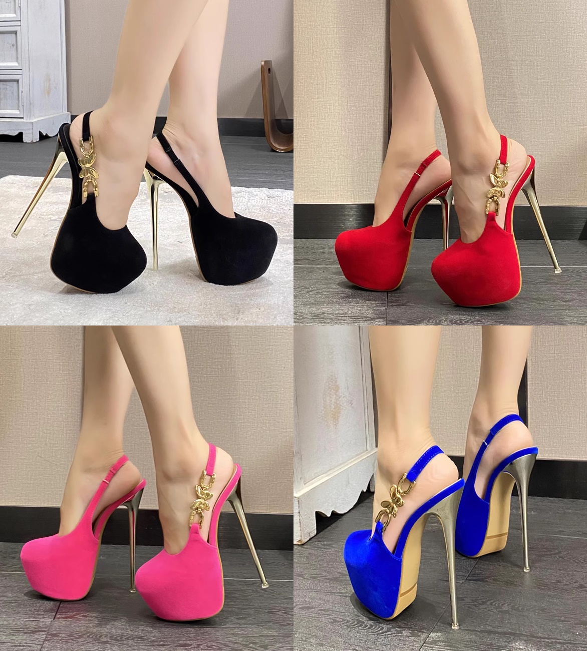 รองเท้าส้นสูงส้นเข็ม 6.4 นิ้ว รัดส้น ไซส์ 35-42 สีดำ/แดง/ชมพู/น้ำเงิน