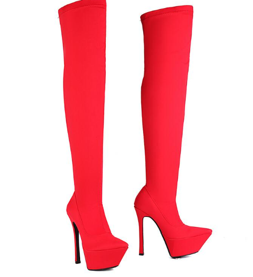 รองเท้าบูทยาวถึงต้นขาผ้ายืดสีม่วง/น้ำเงิน/ชมพู/ดำ/แดง ไซส์ 34-43