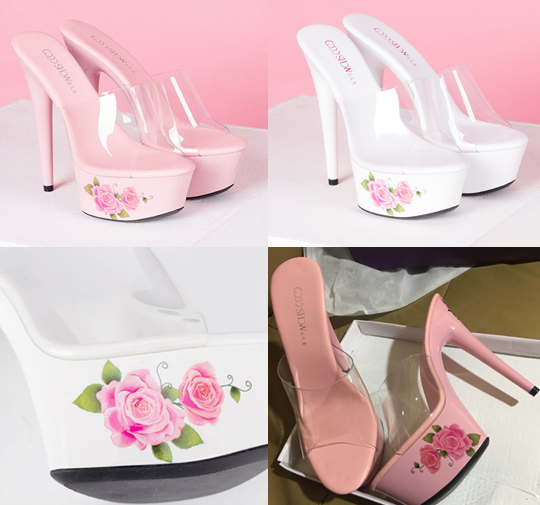 รองเท้าส้นสูงส้นพิมพ?ลายดอกกุหลาบสีขาว/ชมพู ไซต์ 34-41