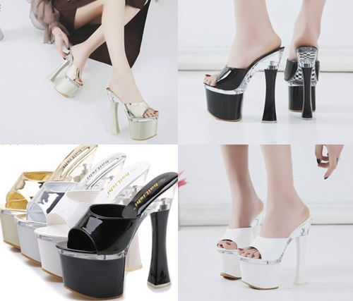 รองเท้าส้นสูง 7.2 นิ้วแบบสวมสีดำ/ขาว/เงิน/ทอง ไซต์ 34-38
