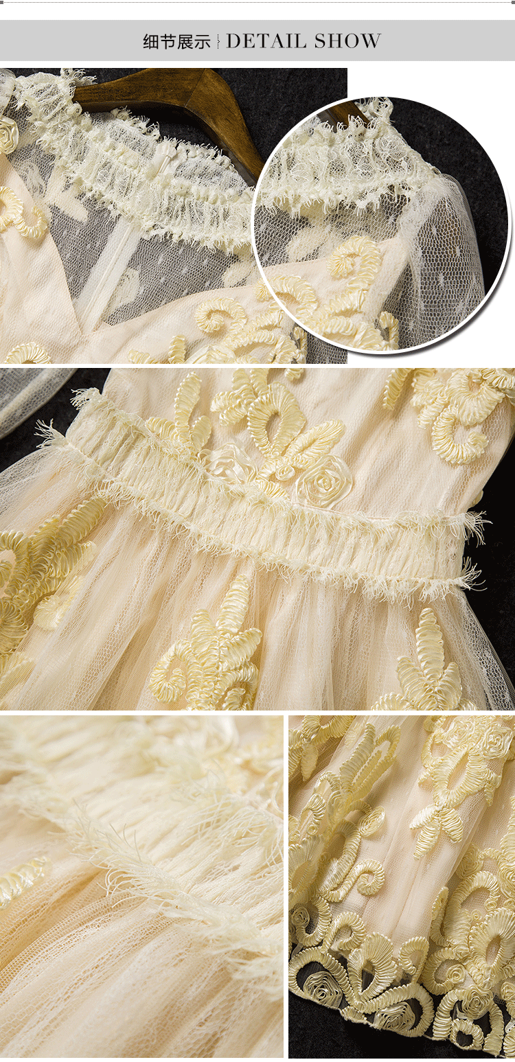 ***หมดค่ะ***เดรส ผ้ามุ้งสีครีมทอง ปักลายดิ้นสีครีมทอง ดีเทลคอกลม แขนสามส่วน ซ้อนซับในผ้าเนื้อมันสีครีมติดซิปหลัง cutting/pattern สวยมากค่ะ งานปราณีต ดูหรู ค่ะ