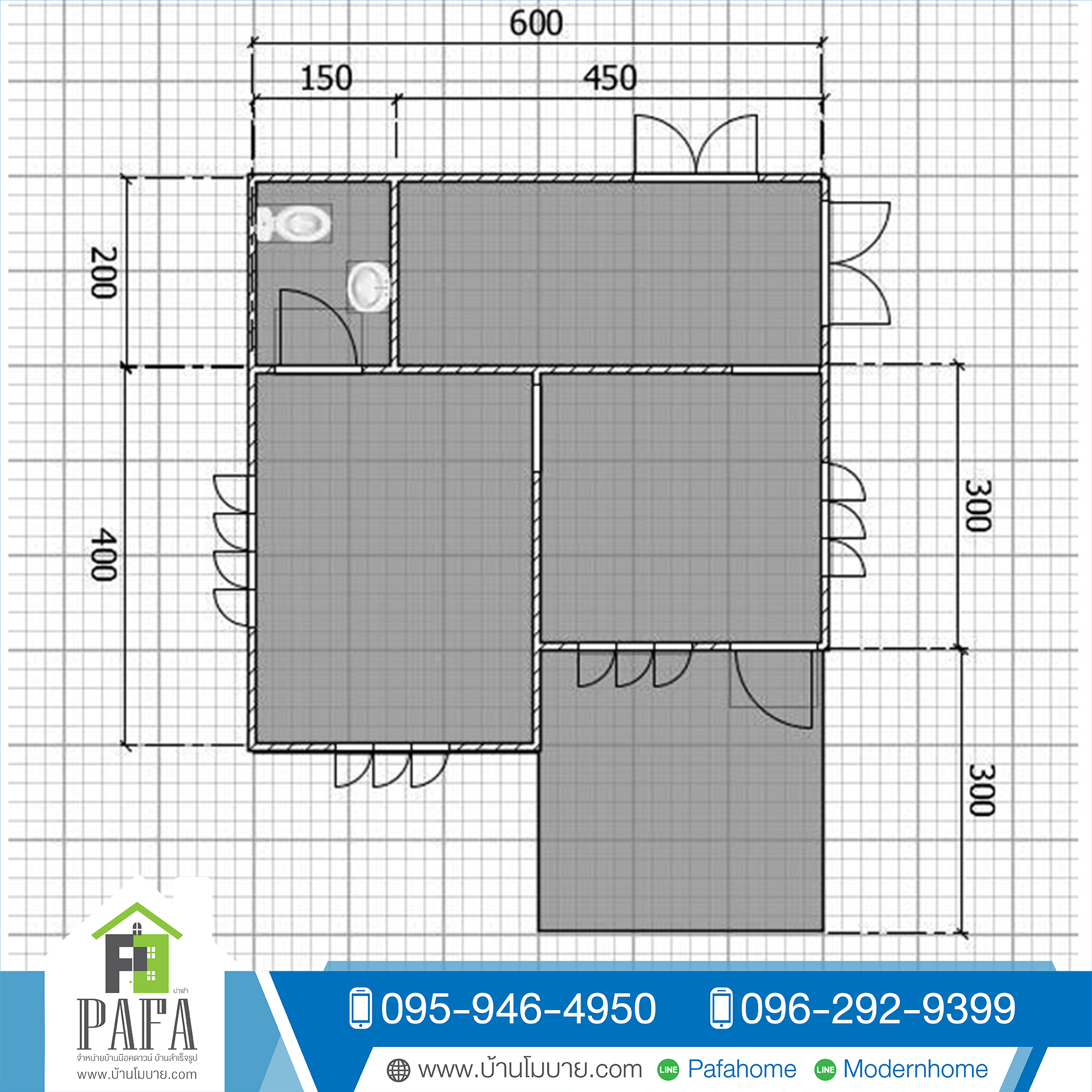 บ้านขนาด 6*6 เมตร + 2*3 เมตร (1ห้องนอน 1ห้องน้ำ 1ห้องนั่งเล่น)