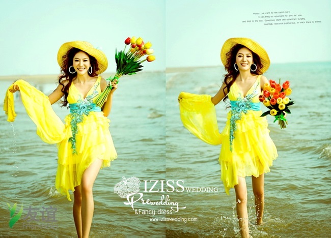 ***พร้อมส่ง***ชุดถ่ายพรีเว็ดดิ้งริมทะเล (pre wedding dress) ชุดแฟนตาซีชายหญิงธีมสีเหลือง