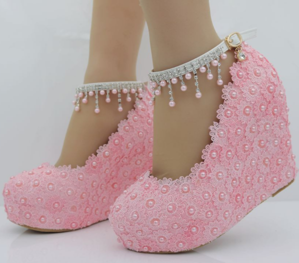 รองเท้าเจ้าสาวส้นเตารีดสีขาวมุข/ชมพู ไซต์ 34-42