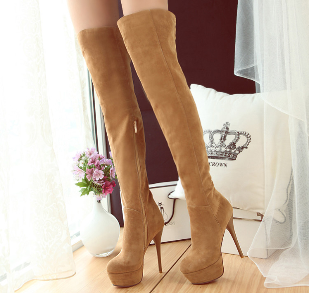 รองเท้าบูทส้นสูงยาวเลยเข่า ไซต์ 34-43 สีดำ/น้ำเงิน/น้ำตาล/ชมพู