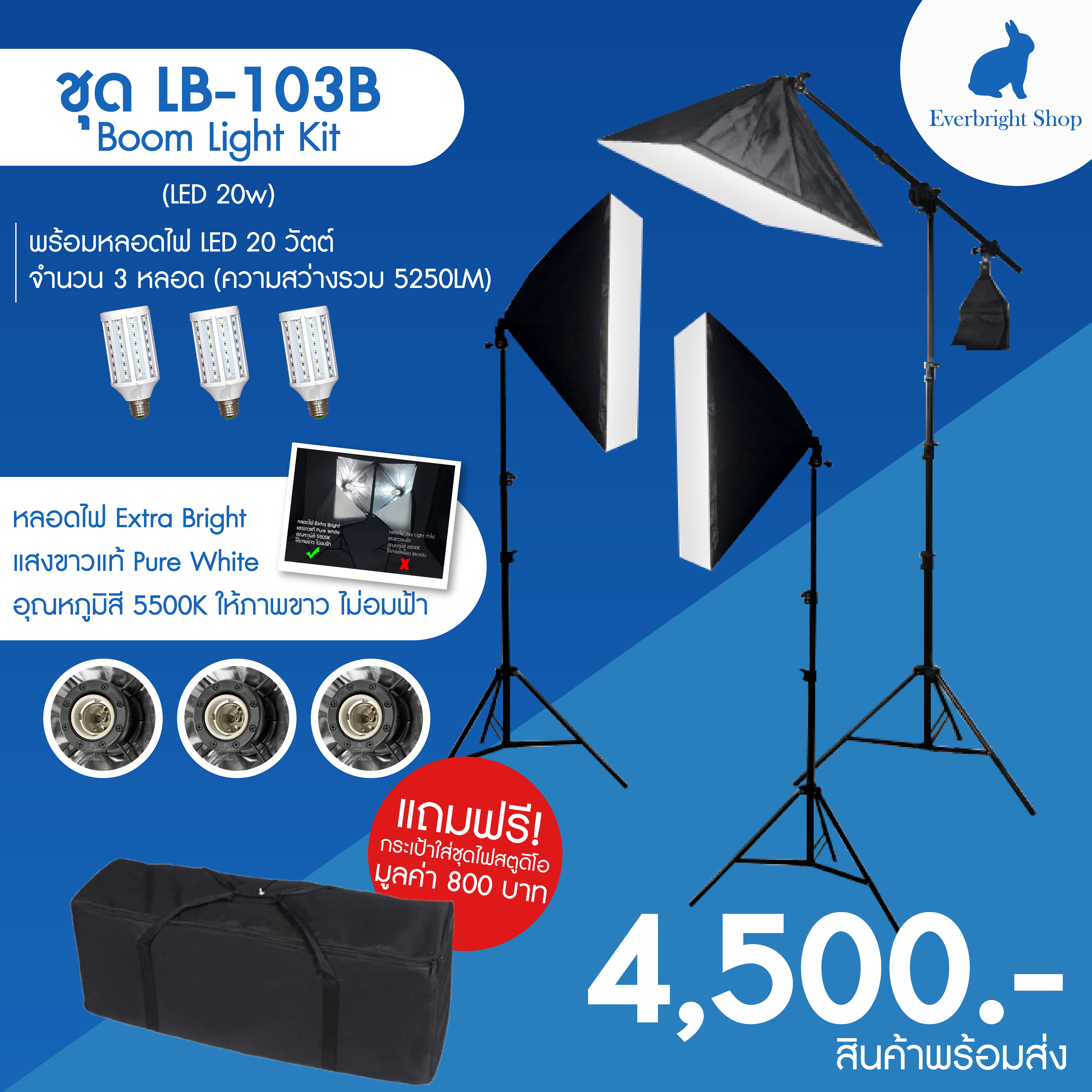 LB-103 Boom LightKit max 3 bulbs ชุดไฟสตูดิโอถ่ายรูป Softbox 3 โคม ถ่ายภาพสินค้า บุคคล ติดบัตร ไลฟ์สด วิดีโอ รีวิว ไฟต่อเนื่อง