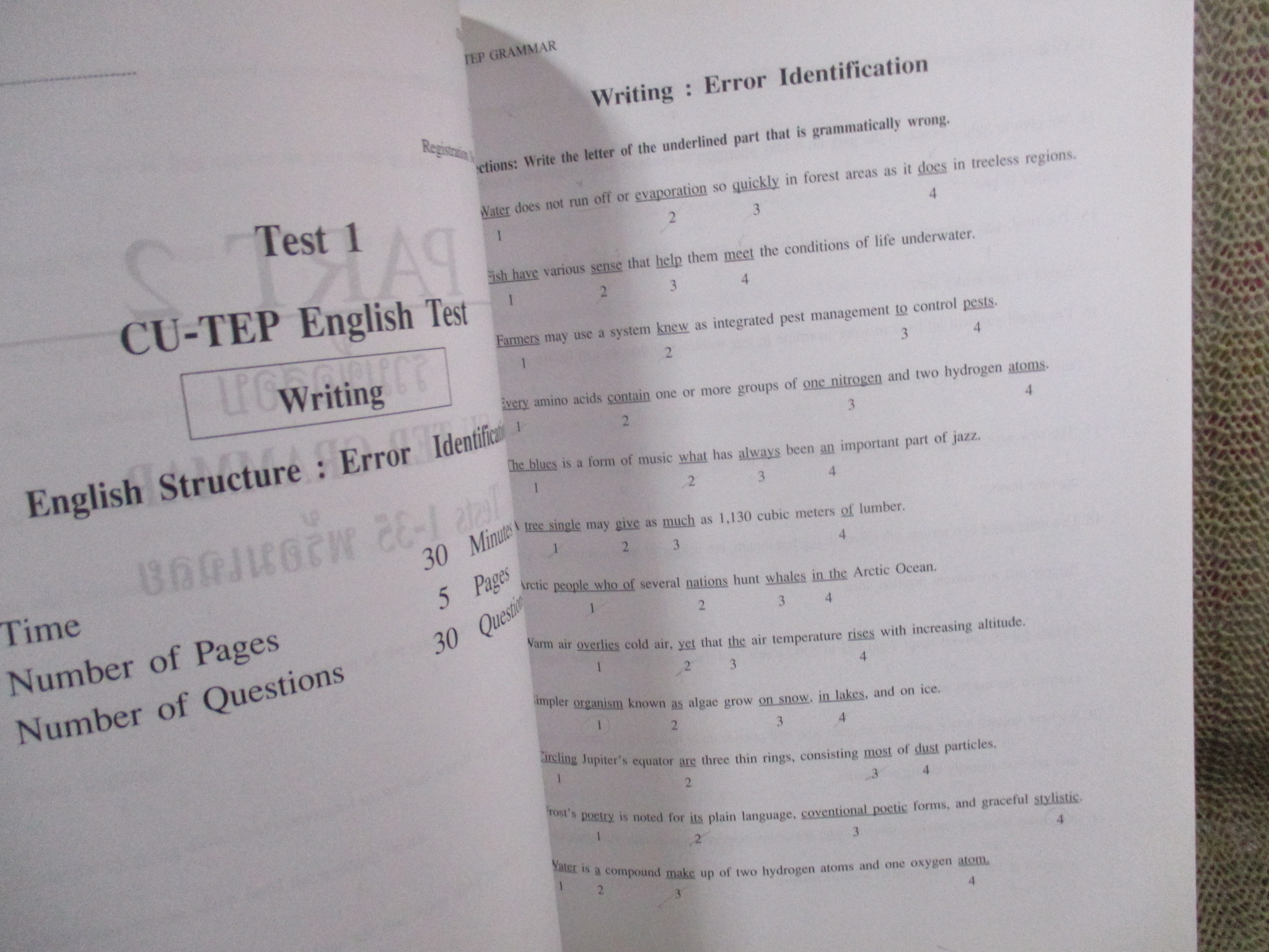 เตรียมสอบ CU-TEP GRAMMAR ERROR IDENTIFICATION / TGRE / ด้านในสะอาด ไม่มีรอยขีดเขียน /