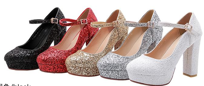 รองเท้าคัทชูส้นหนาเกร็ดเพชรแน่นๆ ไซต์ 34-43 สีดำ/แดง/ขาว/เงิน/ทอง