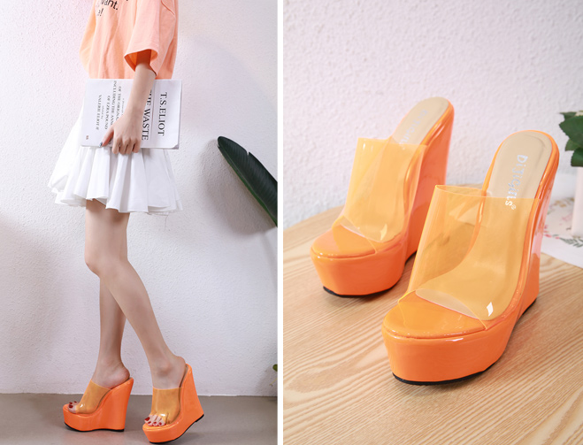 รองเท้าส้นเตารีดแบบสวมส้นสูง 6 นิ้ว สีส้ม/เหลือง ไซต์ 35-42