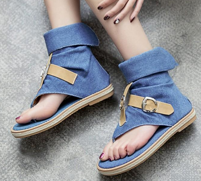 รองเท้าส้นเตี้ยผ้ายีนส์แบบเก๋สีดำ/ฟ้า/น้ำเงิน ไซต์ 34-43