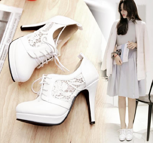 รองเท้าส้นสูงทรงผ้าใบผูกเชือกแต่งผ้าลูกไม้สีชมพู/ครีม/ดำ ไซต์ 34-43