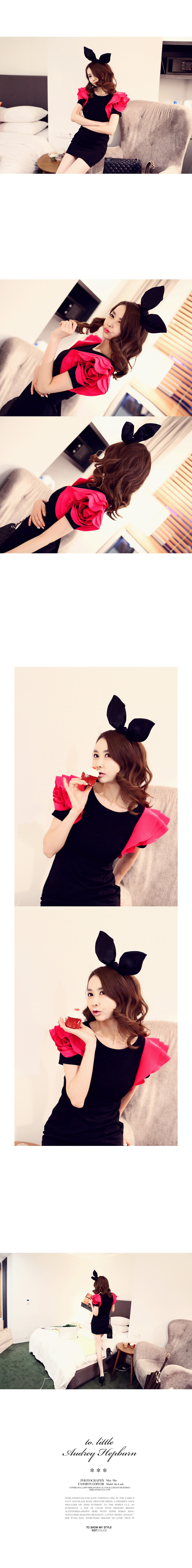 ***หมดค่ะ***เดรสผ้าสีดำคอกลม แต่งแขนเสื้อวนสีชมพูเก๋ ๆ ทรงเข้ารูปสวยเหมือนแบบ100%ค่ะ