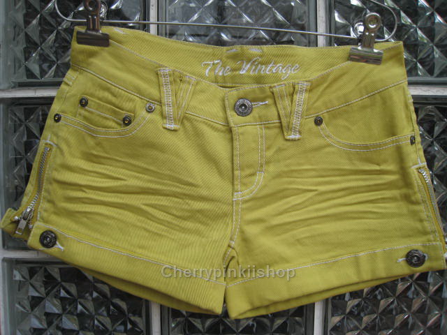 กางเกงยีนส์ขาสั้น สีเหลืองสวยสดใส ขอบกางเกงด้านในปัก vintage เก่ไก๋สไลเดอร์