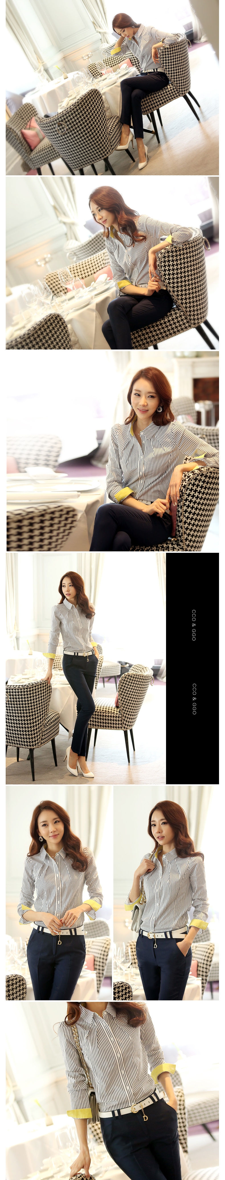 **หมดค่ะ**เสื้อใส่ทำงานผ้าค็อตตอนสีน้ำเงินกรมท่าแขนยาว ดีเทลตกแต่งช่วงคอและปลายแขนเสื้อด้วยผ้าเหลือง สวยคุณภาพดีเหมือนแบบค่ะ