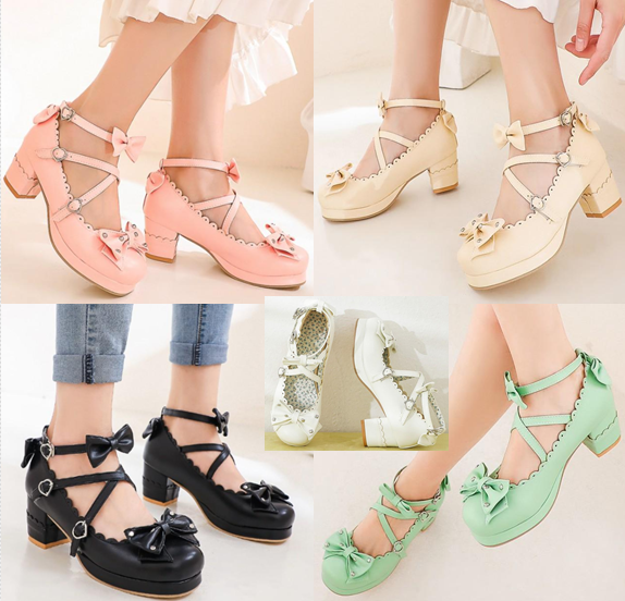 รองเท้าส้นสูงน่ารักๆส้นหนา ไซต์ 34-43 สีดำ/ขาว/ครีม/ชมพู/เขียว
