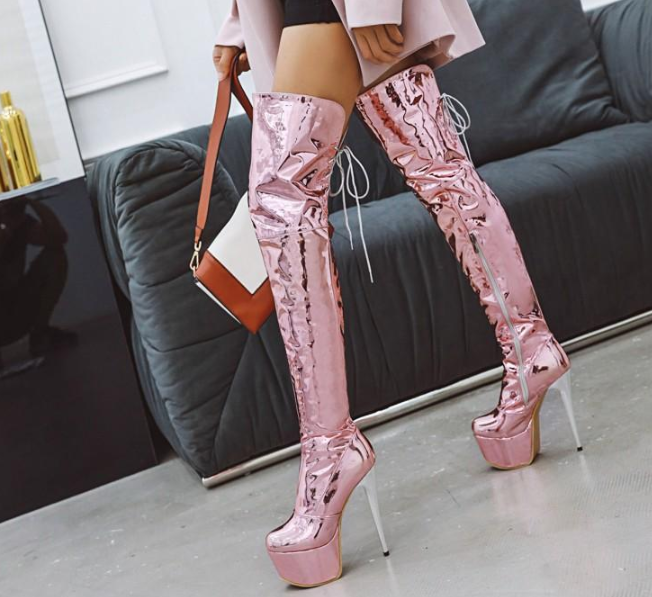 รองเท้าบูทส้นสูงหนังแก้วเมทาลิค ไซต์ 34-46 สีเงิน/ทอง/ชมพู