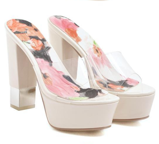รองเท้าส้นสูงแบบสวมส้นหนา ไซต์ 34-43 สีดำ/ขาว/เงิน/เหลือง/ชมพู