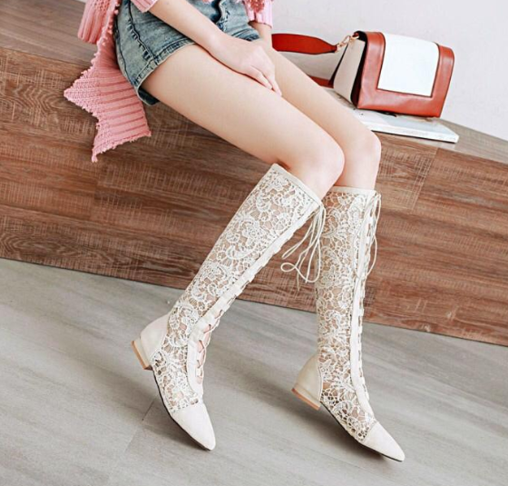 รองเท้าทรงบูทผ้าลูกไม้โปร่งสีชมพู/ดำ/ขาว/ครีม ไซต์ 34-43
