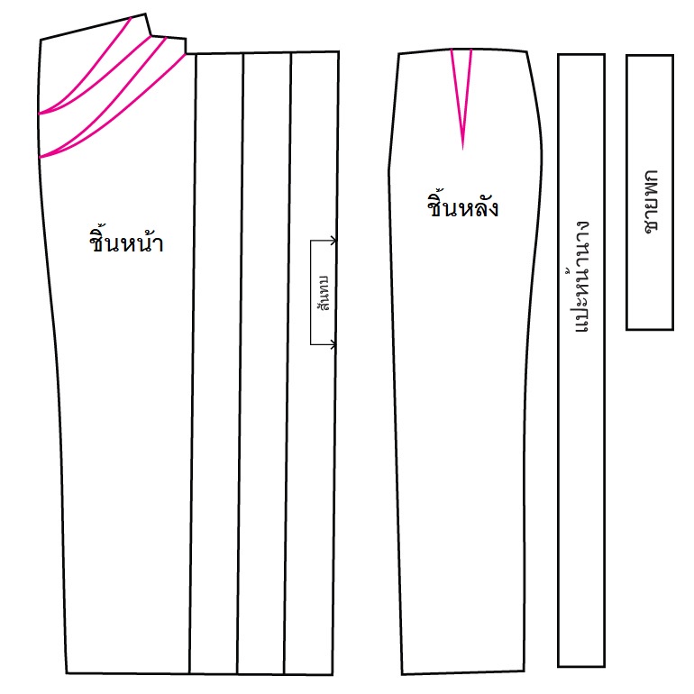 แพทเทิร์นผ้าถุงจีบหน้านาง จับจีบสะโพก ซิปหลัง