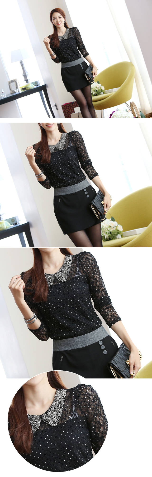 ***หมดค่ะ*** เสื้อผ้าลูกไม้สีดำ ตกแต่งปกเสื้อด้วยลูกปัดสีเงิน แขนยาวมีซับในสวยเหมือนแบบค่ะ