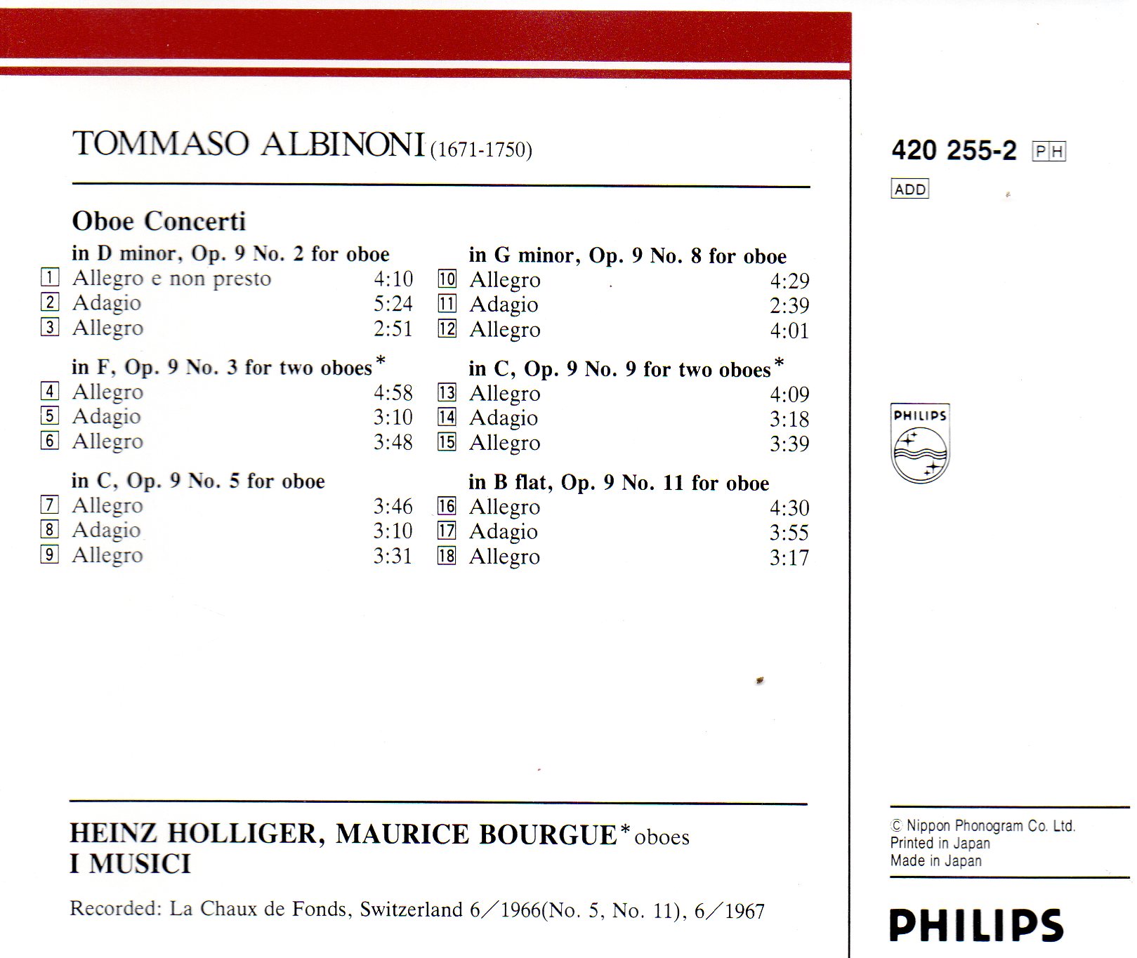 CD,Albinoni - Heinz Holliger, Maurice Bourgue, I Musici - Oboe Concerti(Orchestra)(Classics)(instrumental)(1967)(Japan)