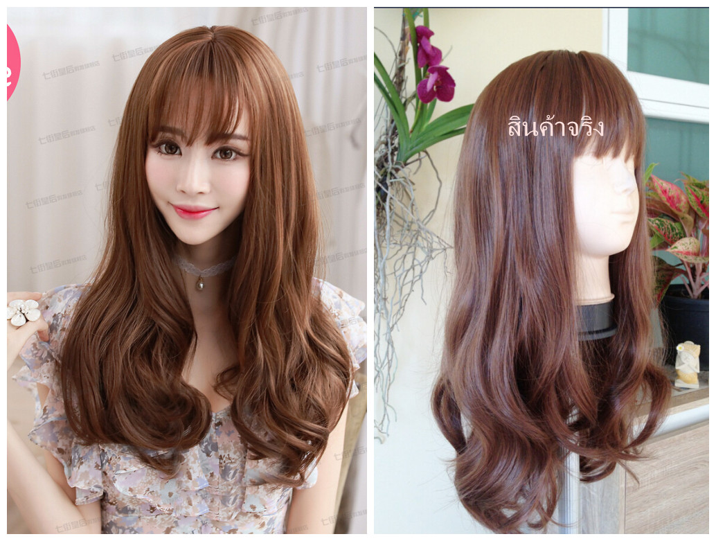 C1128 วิกผมลอนปลายระดับหน้าอก เเสกกลางมีหนังศรีษะ ผมม้า