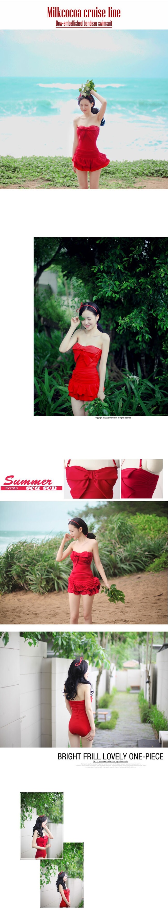 ***พร้อมส่ง***บิกินี่ชุดว่ายน้ำ set 2 ชิ้น แบบ one-piece สีแดงตกแต่งโบว์ช่วงอก มีสายผูกเป็นโบว์คล้องที่คอด้านหลัง สามารถผูกหรือเก็บสายได้ พร้อมกระโปรงตกแต่งระบายเป็นชั้นๆ สามารถใส่แบบวันพีซปรับได้ 2 สไตล์ สวยเหมือนแบบมากๆ ค่ะ